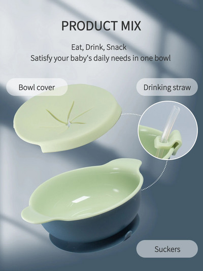 1db baba etetőtál szett szalmafedővel Hordozható uzsonnatartó szilikon tapadókorong Gyermek étkészlet Bpa ingyenes babacucc