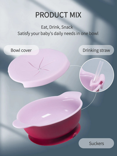 1db baba etetőtál szett szalmafedővel Hordozható uzsonnatartó szilikon tapadókorong Gyermek étkészlet Bpa ingyenes babacucc