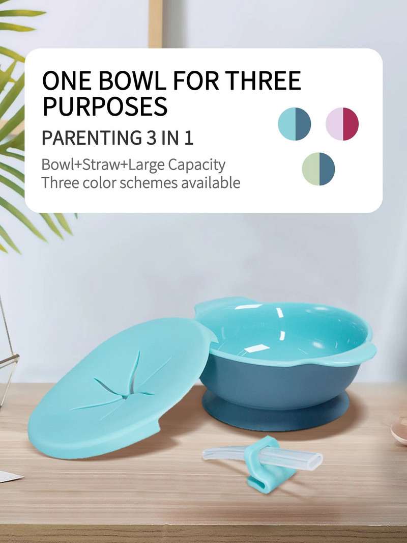 1db baba etetőtál szett szalmafedővel Hordozható uzsonnatartó szilikon tapadókorong Gyermek étkészlet Bpa ingyenes babacucc