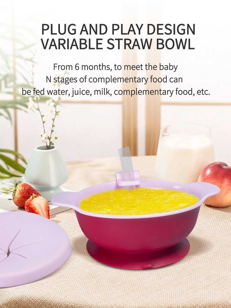 1db baba etetőtál szett szalmafedővel Hordozható uzsonnatartó szilikon tapadókorong Gyermek étkészlet Bpa ingyenes babacucc