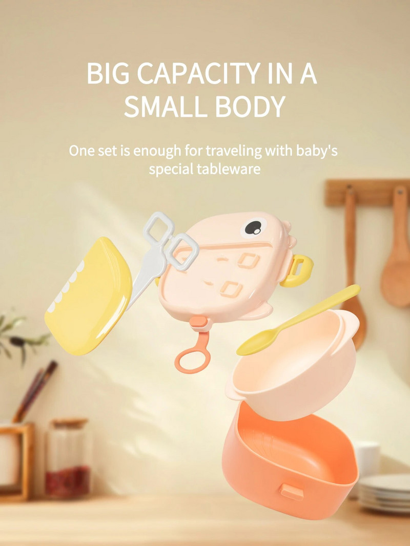 4-osaline beebitoidukausid Põletusvastased Pp-materjalist Kuumust säilitavad dinosauruse lauanõud koos kääride ja lusikaga