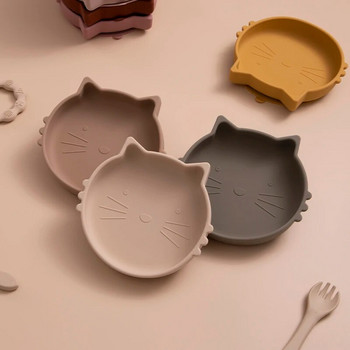 Бебешка силиконова смукателна плоча Симпатична анимационна котешка чиния Детска храна Съдове за хранене Несъдържаща BPA Неплъзгаща се купа за хранене на бебета за деца
