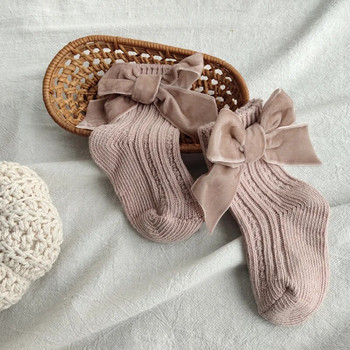 Зимни бебешки чорапи Момче Момиче Новородени Есенни чорапи с голяма панделка Детски топли памучни чорапи със средна тръба Аксесоари за малки деца Дрехи