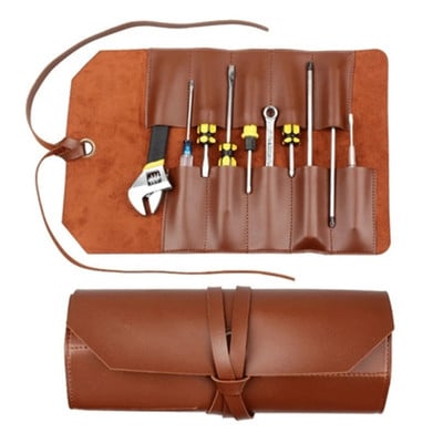 Prenosná kožená rolovacia taška na náradie (10 priehradiek), veľkokapacitná skladacia taška na náradie, hnedá/čierna