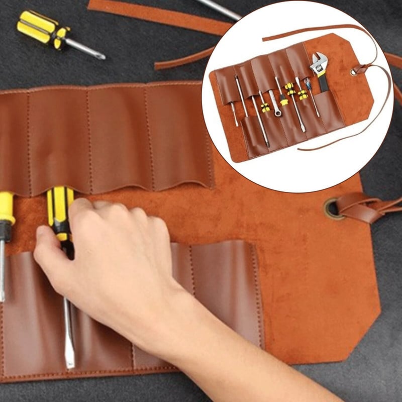 Prenosná kožená rolovacia taška na náradie (10 priehradiek), veľkokapacitná skladacia taška na náradie, hnedá/čierna