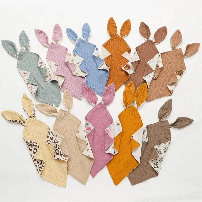 Βρεφική κουβέρτα από βαμβακερή μουσελίνα Μαλακή κουβέρτα ύπνου για νεογέννητα Χαριτωμένα αυτιά κουνελιού Παιδί ύπνου καταπραΰνει πετσέτα σαλιάρες πετσέτα σάλιου