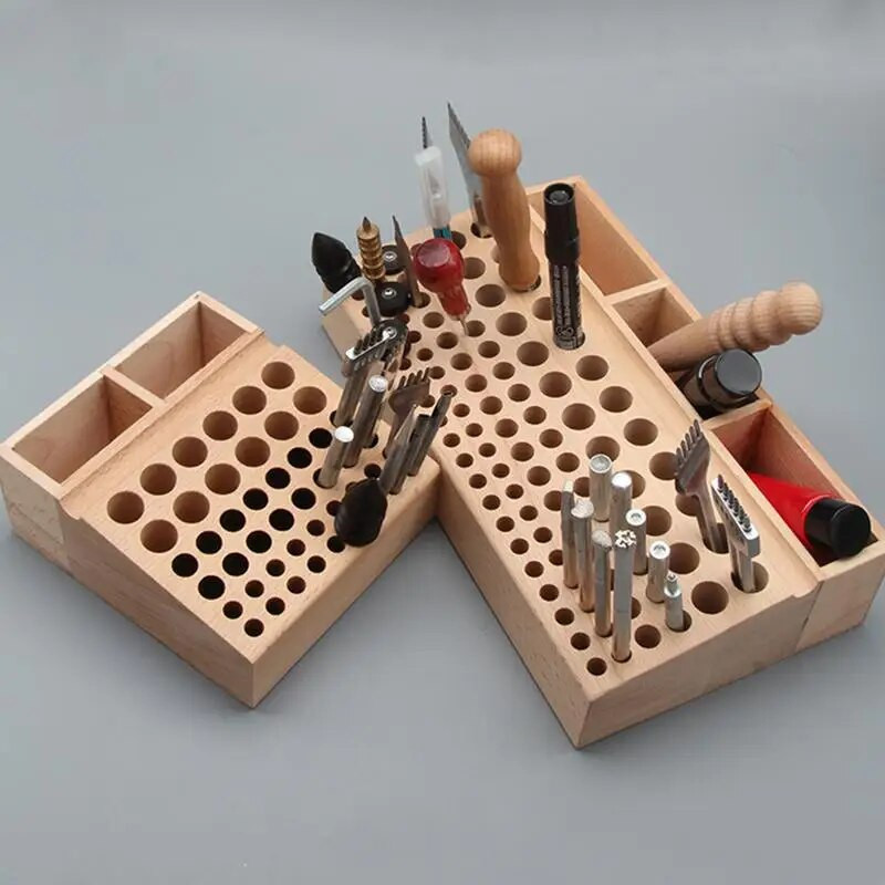 46/98 Τρύπες από πεύκο ξύλινο δερμάτινο rack Raft Stand DIY σκάλισμα Εργαλεία διάτρησης Θήκη Organizer Αποθήκευση Δερμάτινο κουτί αποθήκευσης εργαλείων