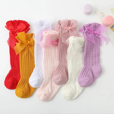 Дълги чорапи за бебета и момичета Принцеса, едноцветни, сладки, дишащи широки чорапи над коляното с панделка 0-24M