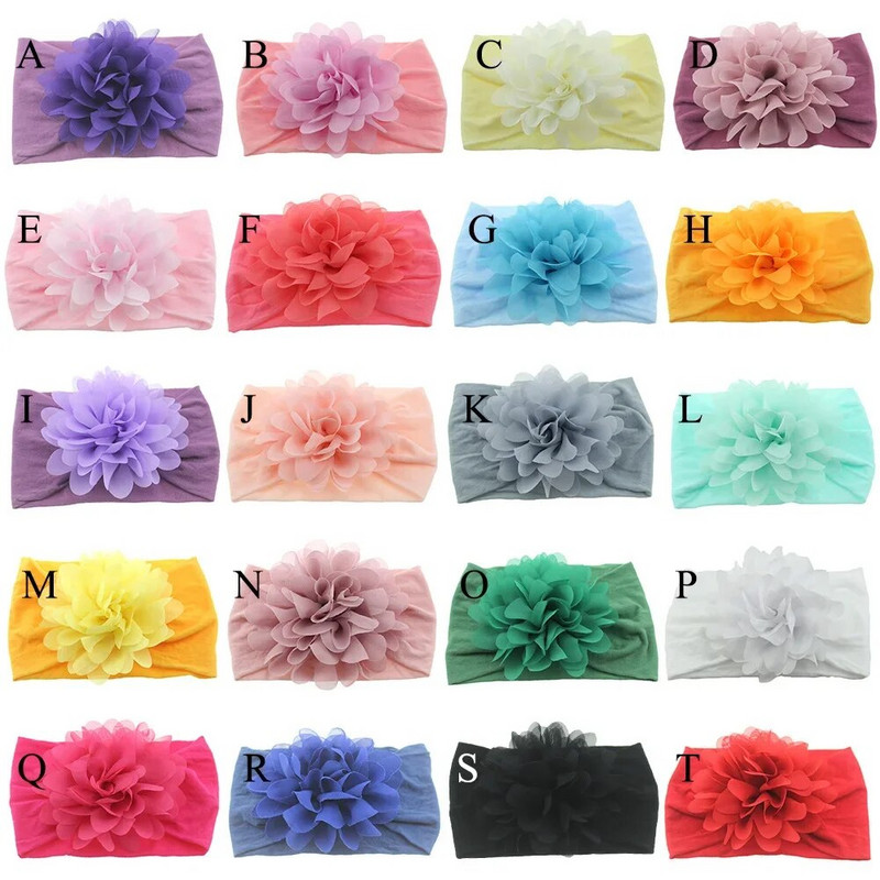 Νέο χαριτωμένο μαλακό ελαστικό λουλούδι σιφόν μωρό κεφαλόδεσμο για νεογέννητο κόμπο με φαρδύ νάιλον περιτυλίγματα κεφαλής για βρέφη Κορίτσια φωτογραφικά στηρίγματα