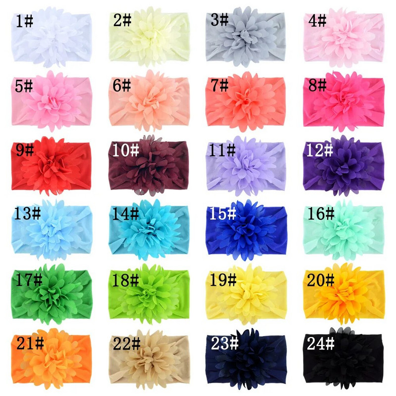 Нов сладък шифон с цветя Бебешка мека разтеглива лента за глава Новородено Широк възел Найлонови повязки за глава Бебешки момичета Шапки Реквизит за снимки