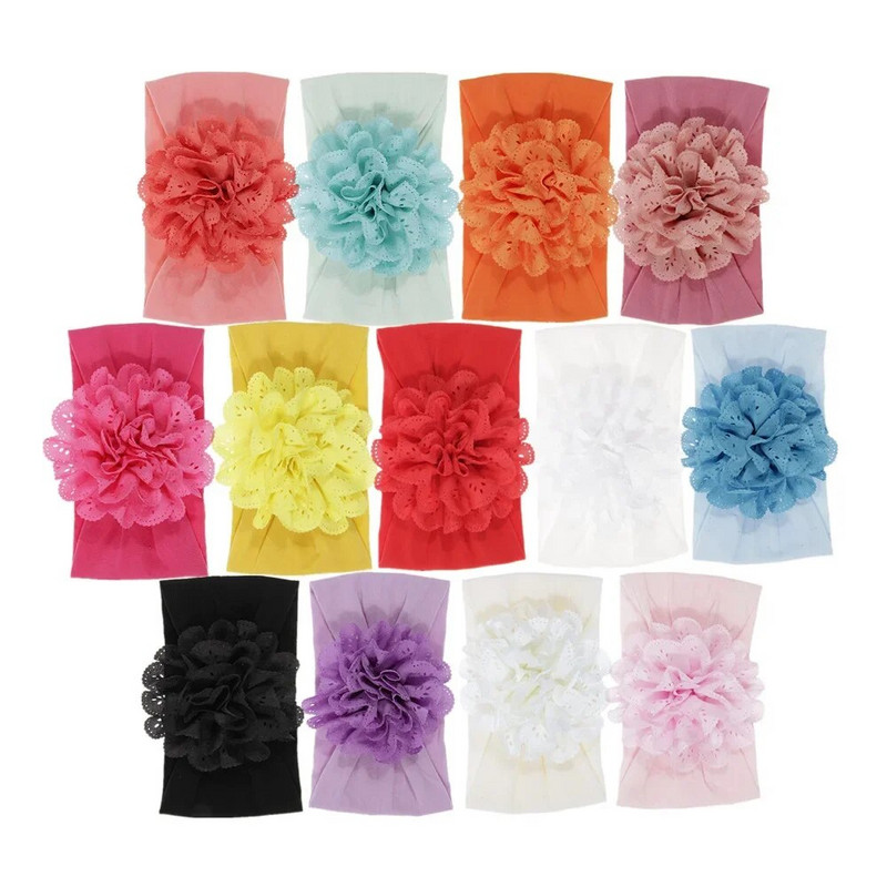 Nová mäkká strečová látková kvetinová detská čelenka s očkami pre novorodencov, široká nylonová čelenka, turban, dievčenská pokrývka hlavy, detské foto rekvizity