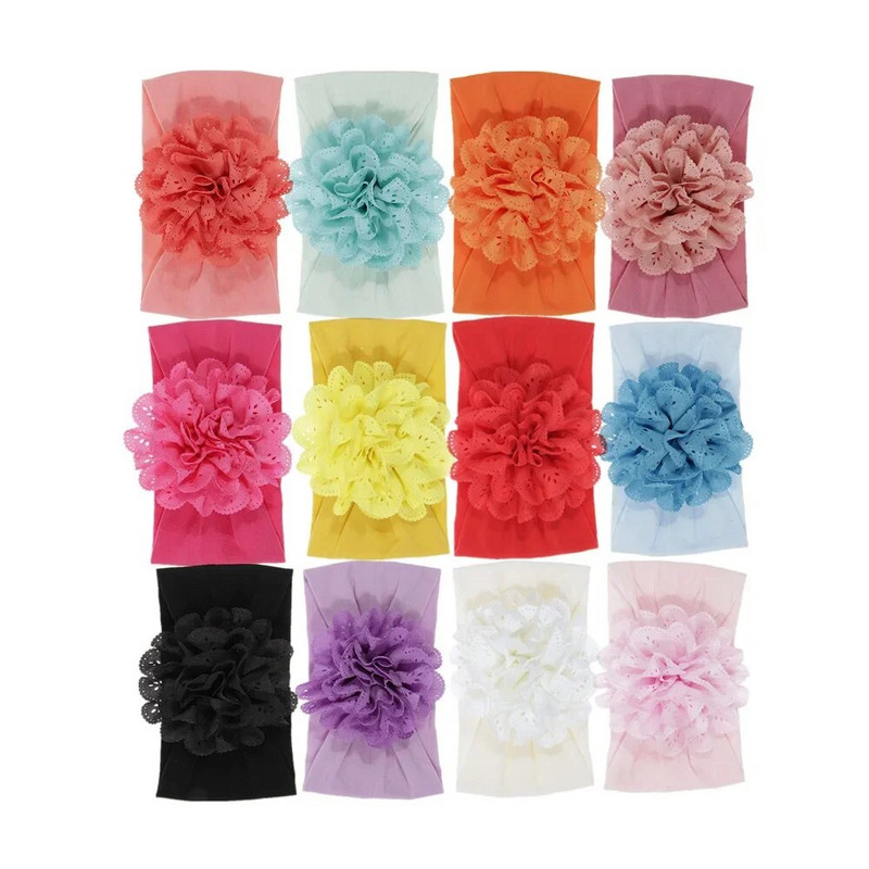 Nová mäkká strečová látková kvetinová detská čelenka s očkami pre novorodencov, široká nylonová čelenka, turban, dievčenská pokrývka hlavy, detské foto rekvizity