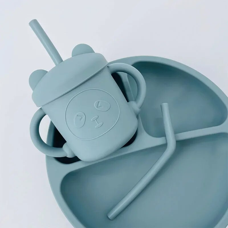 Βρεφικά σκεύη σίτισης με 2 ψάθινα κύπελλα κύπελλα σίτισης για μωρά εκμάθηση Sippy Cup χωρίς σιλικόνη Επιτραπέζιο σκεύος μπιμπερό για νήπια