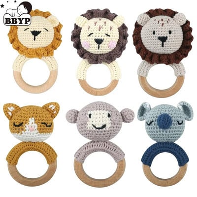 Amigurumi Animal din desene animate Zrăgănitoare pentru bebeluși Drăguț din lemn Inel de mână Jucării pentru nou-născut Agrafe pentru suzetă realizate manual Jucării educaționale pentru copii