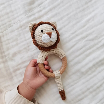 Amigurumi Cartoon Animal Baby Rattle Χαριτωμένο Ξύλινο Δαχτυλίδι Χειροποίητα Παιχνίδια Κουδουνίστρα για Νεογέννητα Χειροποίητα Κλιπ πιπίλας Παιδικά Εκπαιδευτικά Παιχνίδια