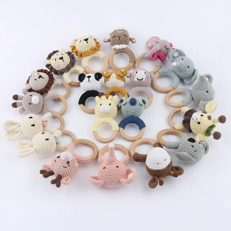 Amigurumi Cartoon Animal Baby Rattle Χαριτωμένο Ξύλινο Δαχτυλίδι Χειροποίητα Παιχνίδια Κουδουνίστρα για Νεογέννητα Χειροποίητα Κλιπ πιπίλας Παιδικά Εκπαιδευτικά Παιχνίδια