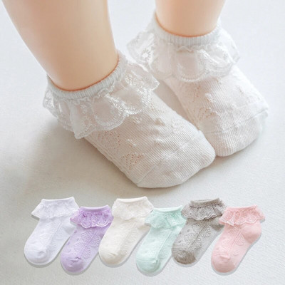 Летни бебешки чорапи за момичета, дантелени розово-бели детски чорапи с волани Чорапи за бебета принцеса за кръщене 1-ви 2-ри рожден ден 1-6 години