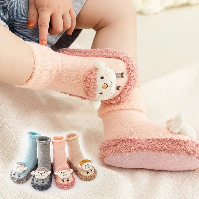 Detské zimné ponožky pre batoľatá, novorodenecké, pre batoľatá, pre dievčatá, hrubé froté bavlnené ponožky s gumenou podrážkou, vtipné kreslené ponožky