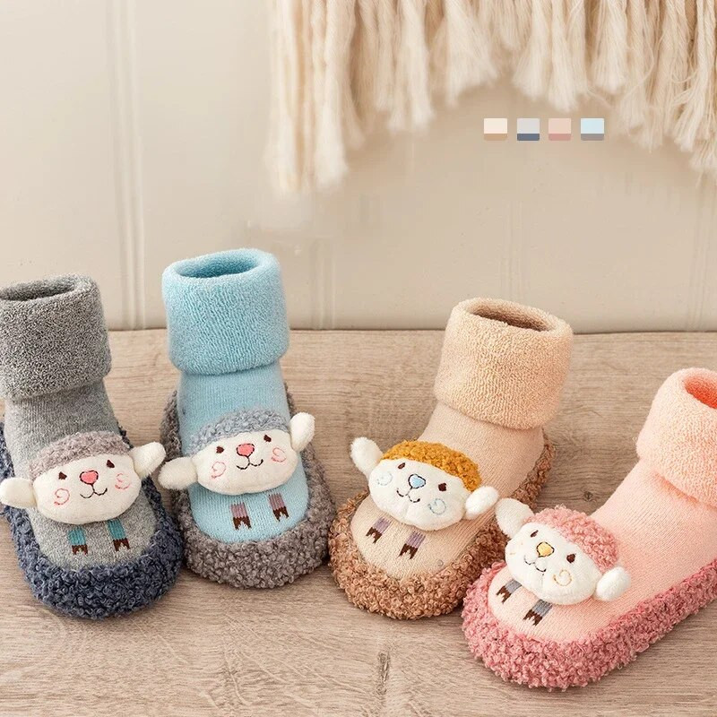 Detské zimné ponožky pre batoľatá, novorodenecké, pre batoľatá, pre dievčatá, hrubé froté bavlnené ponožky s gumenou podrážkou, vtipné kreslené ponožky