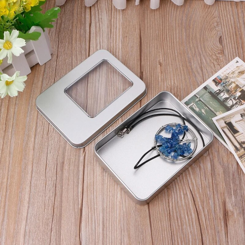 Ορθογώνια ασημένια θήκη για κουτί αποθήκευσης από κασσίτερο με μισοδιάφανο καπάκι παραθύρου