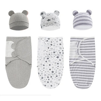 100% памучно бебешко одеяло Swaddle Wrap Комплект бебешки шапки за бебета Регулируемо новородено повиване Бебешко повиване за 0-6 месеца