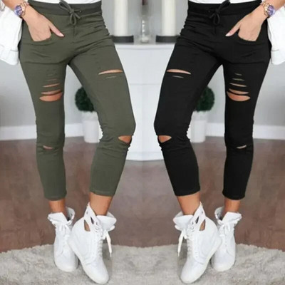 Plus Size Solid Color Drawstring High Waist Pencil Pants Ripped Skinny Leggings High Waist Pencil Pants Ripped Skinny Leggings