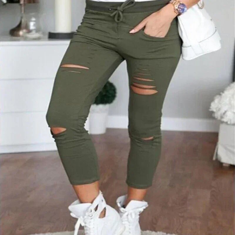 Didelio dydžio vienspalvis raištelis aukštu juosmeniu pieštuku kelnės suplėšytos liesos antblauzdos aukštu juosmeniu pieštukas kelnės suplėšytos liesos antblauzdos