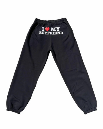 I Love My Boyfriend Printed Sweatpants Y2k Широки панталони с висока еластична талия и широки шнурове Винтидж ежедневни свободни панталони за упражнения