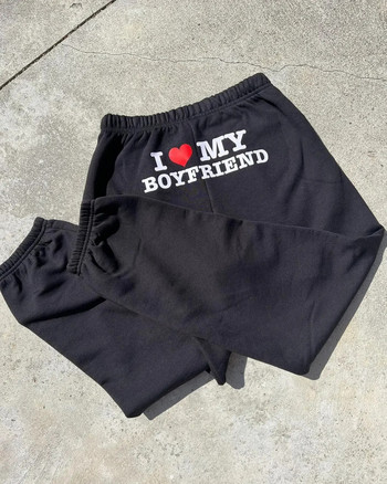 I Love My Boyfriend Printed Sweatpants Y2k Широки панталони с висока еластична талия и широки шнурове Винтидж ежедневни свободни панталони за упражнения