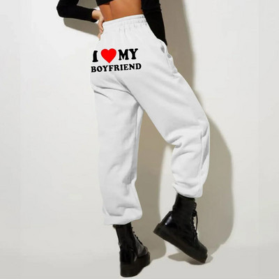 Pantaloni de sport imprimați I Love My Boyfriend Y2k Pantaloni largi cu șnur cu talie elastică înaltă Pantaloni largi de antrenament casual, vintage