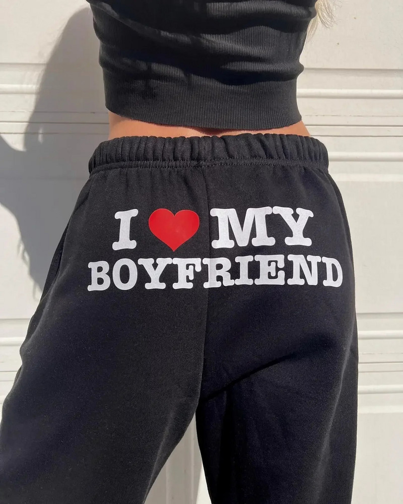 I Love My Boyfriend Spausdintos sportinės kelnės Y2k aukštu elastiniu juosmeniu su raišteliu maišytu kelnės Vintažinės laisvalaikio laisvos mankštos kelnės