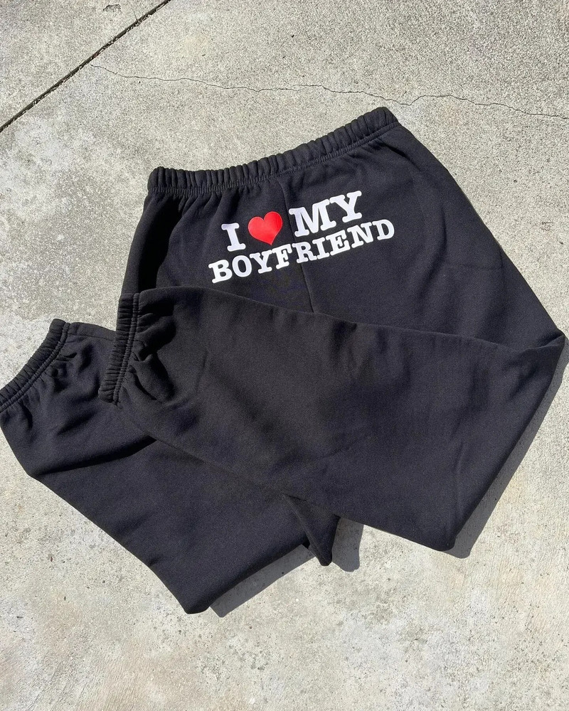 I Love My Boyfriend Spausdintos sportinės kelnės Y2k aukštu elastiniu juosmeniu su raišteliu maišytu kelnės Vintažinės laisvalaikio laisvos mankštos kelnės
