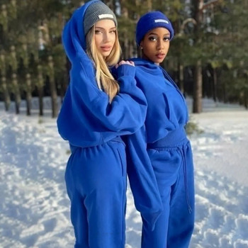 Дамски едноцветен анцуг Ежедневен топъл суичър с дълъг ръкав Jogger Панталони Комплекти от две части 2022 Зимни качулки + панталони Спортни костюми