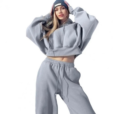 Trening de culoare solidă pentru femei, ocazional, calduros, hanorac cu mânecă lungă, pantaloni de jogger, seturi de două piese, hanorace de iarnă + pantaloni, costume sport, 2022