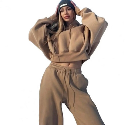 Trening de culoare solidă pentru femei, ocazional, calduros, hanorac cu mânecă lungă, pantaloni de jogger, seturi de două piese, hanorace de iarnă + pantaloni, costume sport, 2022