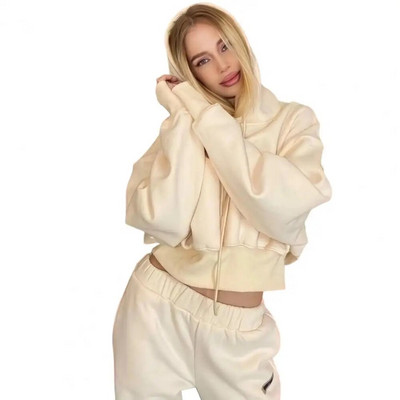 Trening de culoare solidă pentru femei, ocazional, calduros, hanorac cu mânecă lungă, pantaloni de jogger, seturi de două piese, hanorace de iarnă + pantaloni, costume sport, 2022