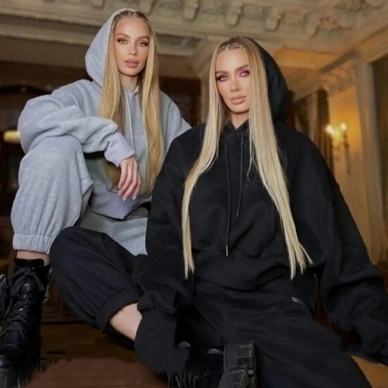 Moteriškas vienspalvis sportinis kostiumas Laisvalaikis šiltas megztinis ilgomis rankovėmis „Jogger“ kelnės, dviejų dalių rinkiniai, 2022 m. žiemos gobtuvai + kelnės, sportiniai kostiumai