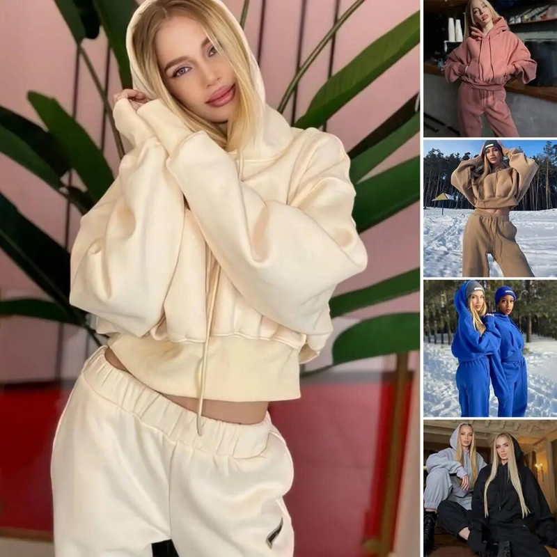 Moteriškas vienspalvis sportinis kostiumas Laisvalaikis šiltas megztinis ilgomis rankovėmis „Jogger“ kelnės, dviejų dalių rinkiniai, 2022 m. žiemos gobtuvai + kelnės, sportiniai kostiumai