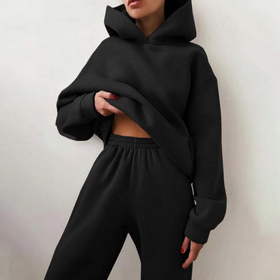 Trening de damă, plin, cu glugă, costume sport, toamnă, caldă, hanorace, ocazional, cu mânecă lungă, hanorace și pantaloni, fleece, set de două piese