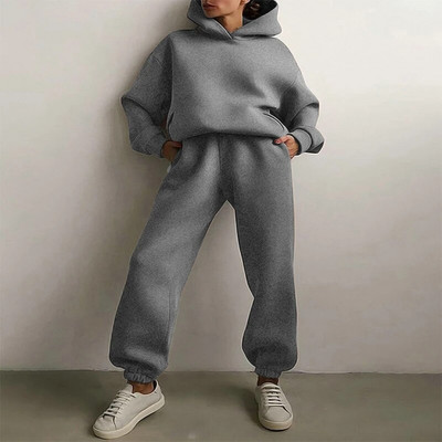 Trening de damă, plin, cu glugă, costume sport, toamnă, caldă, hanorace, ocazional, cu mânecă lungă, hanorace și pantaloni, fleece, set de două piese