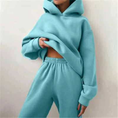 Trening de damă, plin, cu glugă, costume sport, toamnă, caldă, hanorace, ocazional, cu mânecă lungă, hanorace și pantaloni, fleece, set de două piese