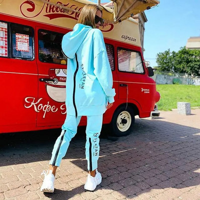 Hanorace de bază cu litere pentru femei Seturi de 2 piese Trening Costum la modă Toamnă Femei Coreea Pantaloni și pulover Îmbrăcăminte de stradă cu glugă