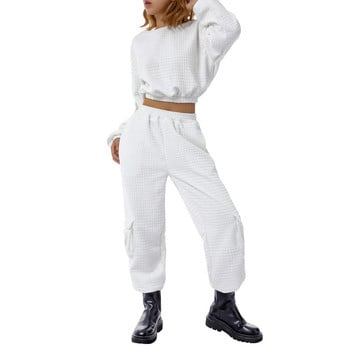 Γυναικείο σετ 2 τεμαχίων Αθλητική φόρμα Street Αθλητικό μονόχρωμο κοστούμι μακρυμάνικο πουλόβερ φούτερ Crop Top+Jogger Cargo Pants
