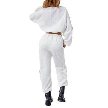 Γυναικείο σετ 2 τεμαχίων Αθλητική φόρμα Street Αθλητικό μονόχρωμο κοστούμι μακρυμάνικο πουλόβερ φούτερ Crop Top+Jogger Cargo Pants