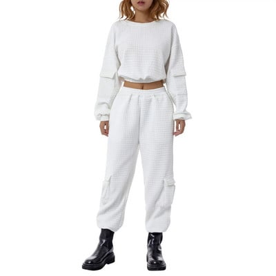 Set 2 piese pentru femei Trening Outfit Street Sport Costum casual solid Pulover cu mânecă lungă Hanorac Crop Top + Pantaloni cargo jogger