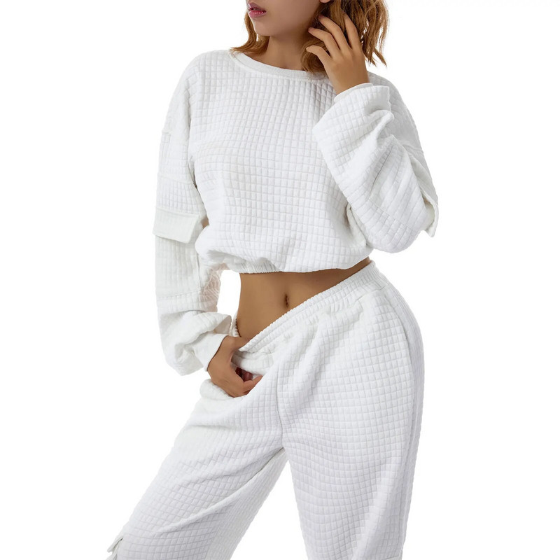 Naiste 2-osaline spordidress, tänavaspordivarustus, soliidne vabaaja ülikond, pikkade varrukatega pullover kampsun Crop Top+joggeri püksid