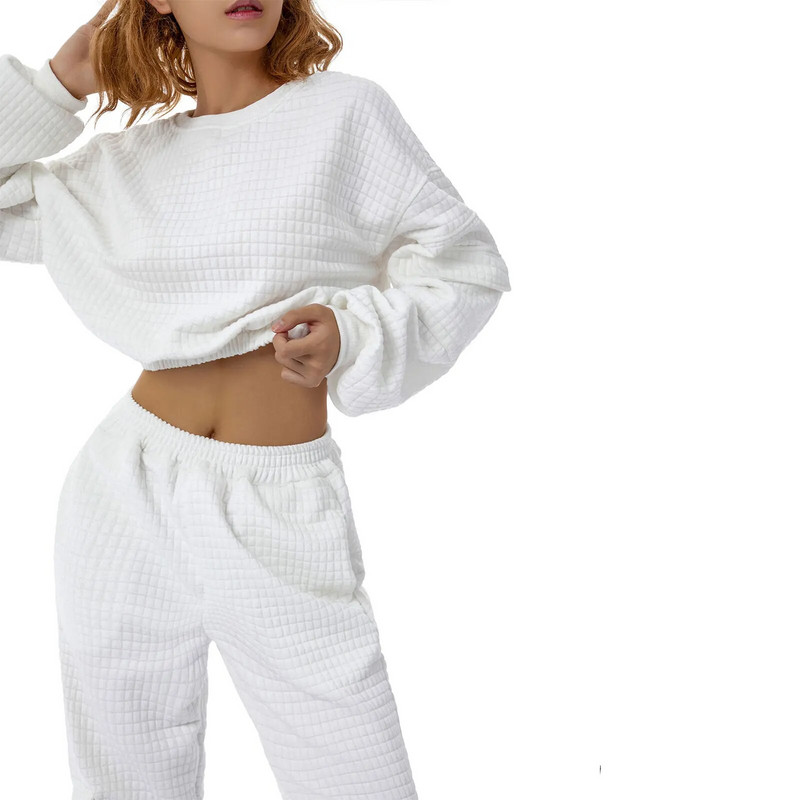 Naiste 2-osaline spordidress, tänavaspordivarustus, soliidne vabaaja ülikond, pikkade varrukatega pullover kampsun Crop Top+joggeri püksid