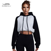 Mermaid Curve rudens/ziemas jauns kontrasts, raibs, sporta džemperis ar kapuci sievietēm, vaļīgs savilkšanas aukliņš ar garām piedurknēm jogas fitnesa tops