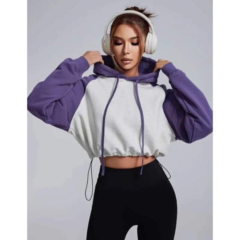 Mermaid Curve rudens/ziemas jauns kontrasts, raibs, sporta džemperis ar kapuci sievietēm, vaļīgs savilkšanas aukliņš ar garām piedurknēm jogas fitnesa tops