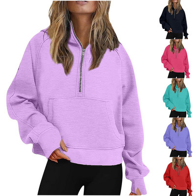 Пуловери 2023 Есен Зима Нови дамски спортни дрехи за йога с половин цип Свободна къса подплатена риза с качулка Пуловер